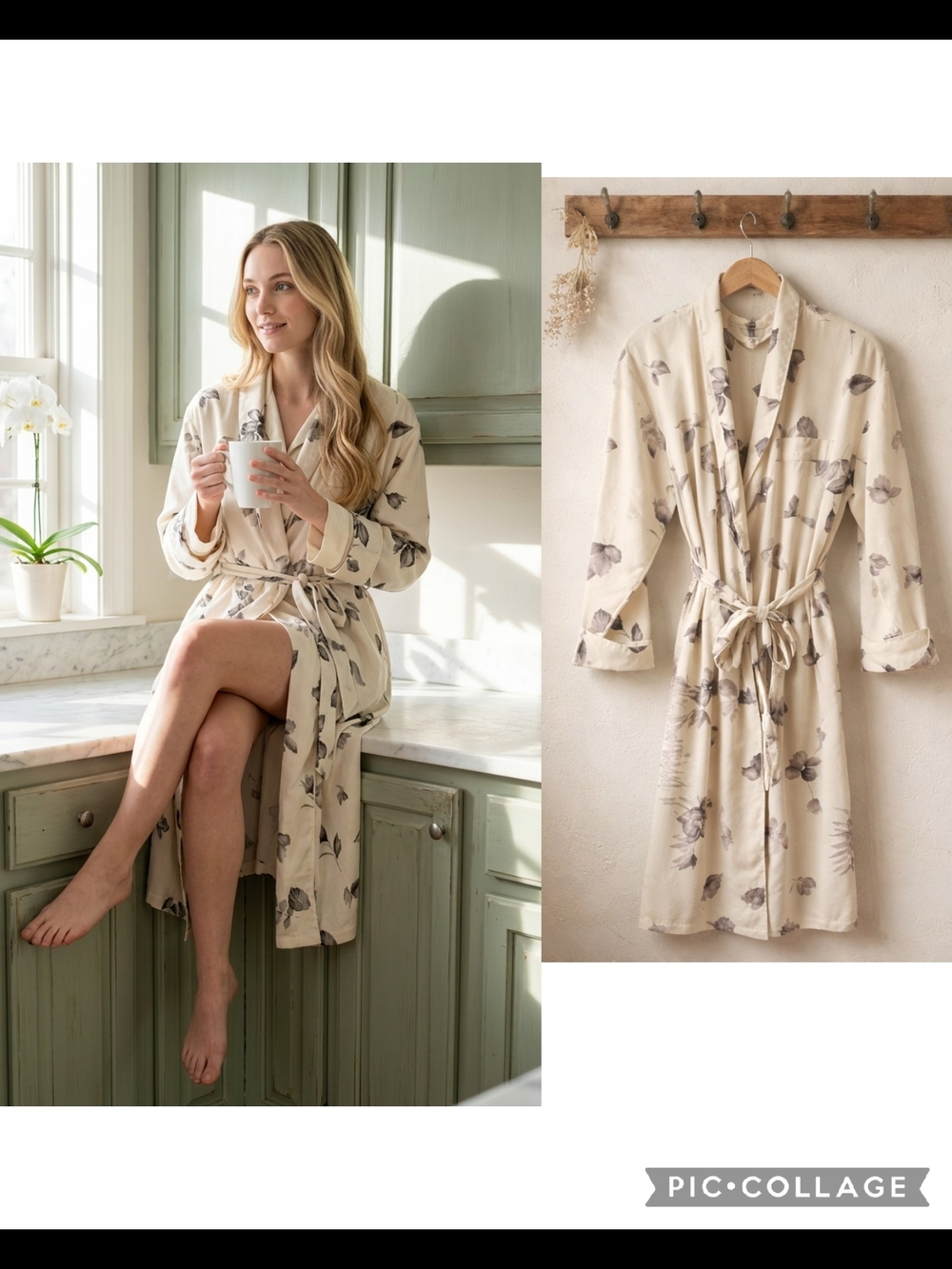 Cacique Cream Floral Robe with Tie Waist
